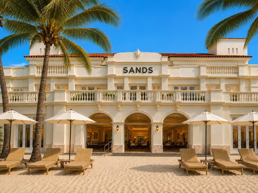 The white facade of Boracay Sands from the beach: three arched openings under the SANDS lettering, framed by palm trees, with parasols and sun loungers on the sand in front.